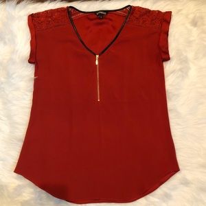 Express Dark Orange Lace Zip-Up Blouse